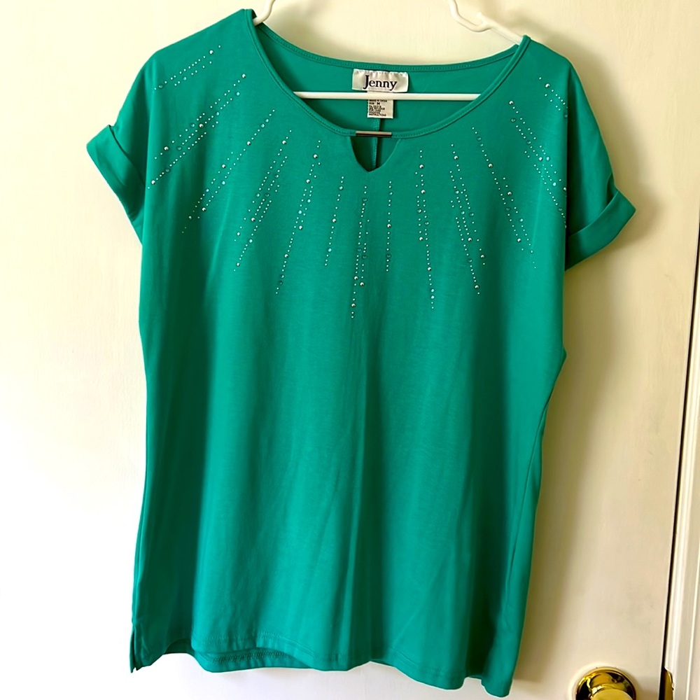 Beautiful brand new turquoise top with jeweled neckline, size medium.